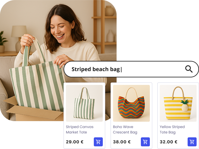 Hyper-relevant results from AI ecommerce search. Ecommerce visual search showing striped tote bag personalized recommendations as a woman shops online.