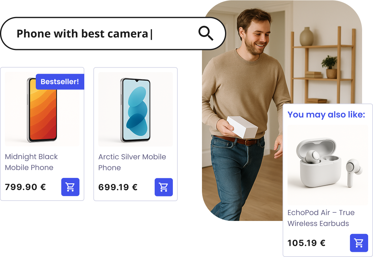 AI smart recommendations that promote the right products automatically. AI recommender system suggesting phones and accessories next to a man unboxing a package.