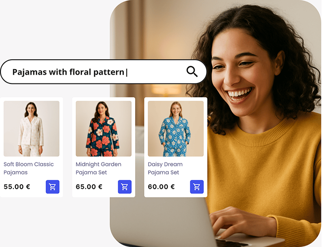 AI-powered product discovery showing relevant search results. Woman shopping online with an AI-powered product discovery interface showing relevant search results.