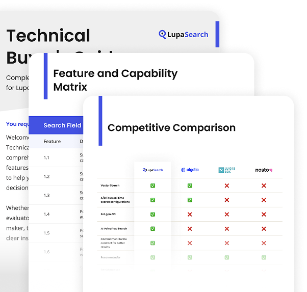 Download the LupaSearch feature and competitive comparison guide. Feature comparison guide preview showing LupaSearch capability matrix and competitive comparison charts.